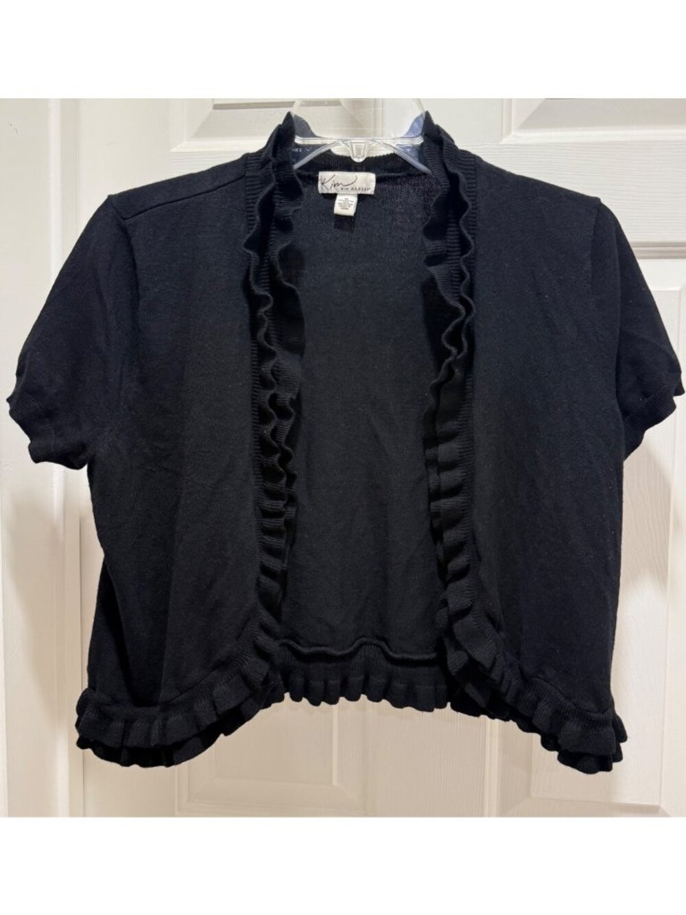 Kim Rogers women’s M Medium black cardigan sweater ruffles cropped short sleeves